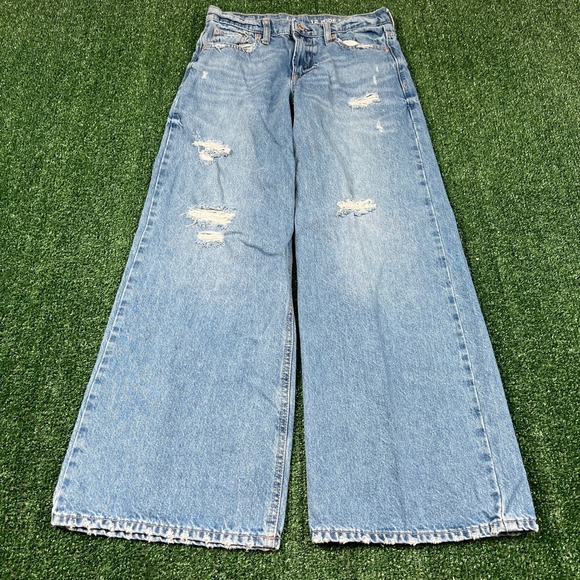 GAP Denim - GAP  Wide Stride Distressed Jeans Teen Size 12 27x27" Light Wash Blue Baggy